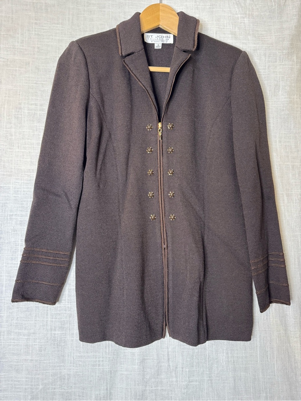 St. John Collection Chocolate Brown Knit Zip Blazer with Gold Buttons and skirt